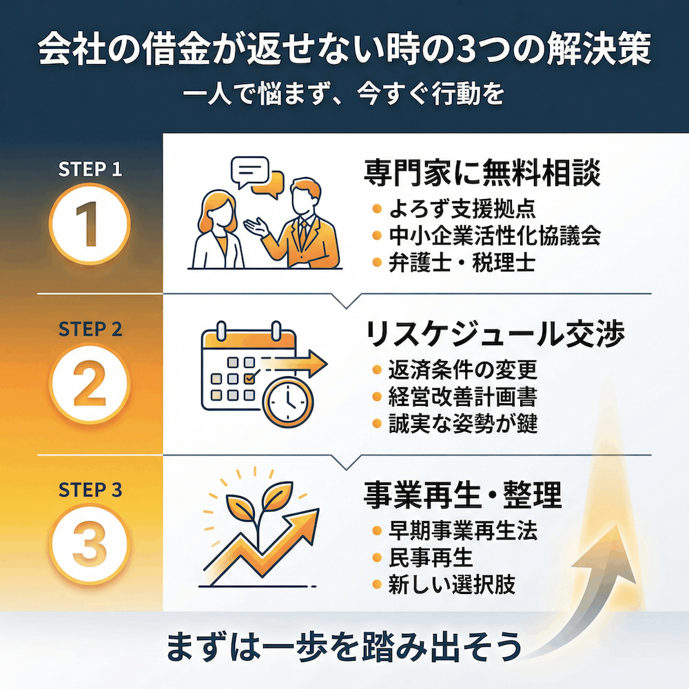 会社の借金が返せない時の3つの解決策の図解
